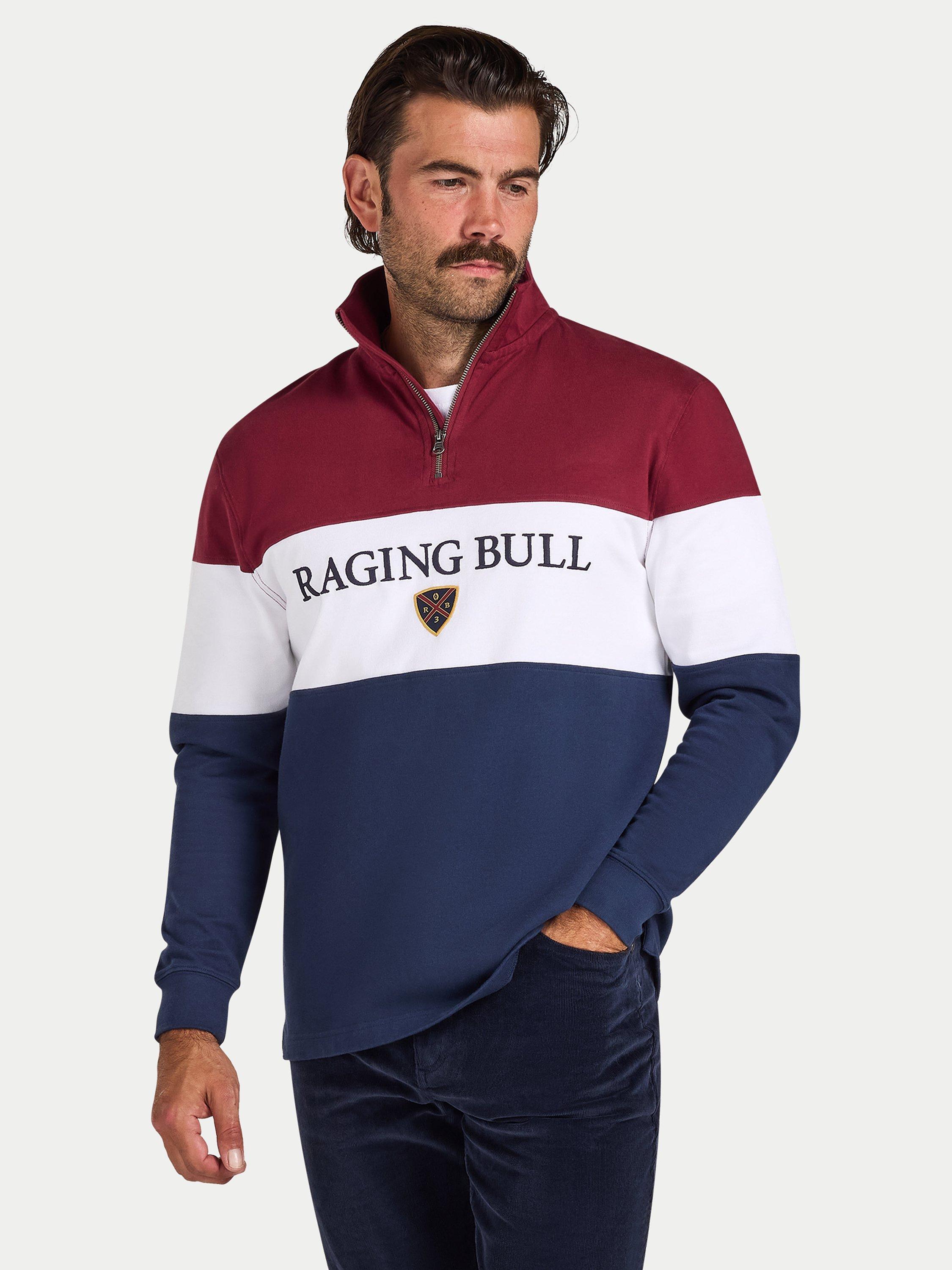 Product image 1 of 8, which shows Raging Bull Cut & Sew Panel Quarter Zip Jumper, Navy/Red, S