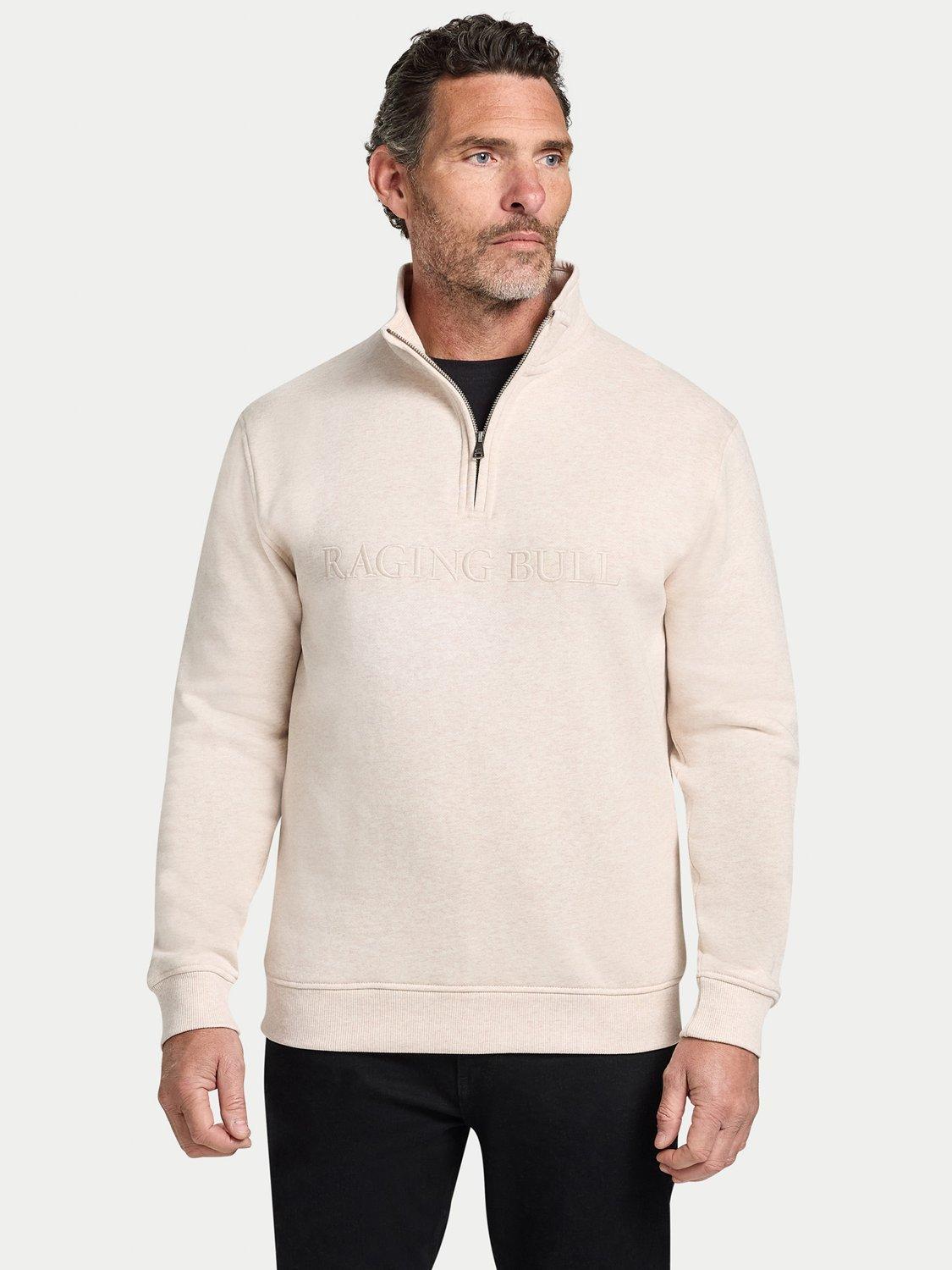 Product image 1 of 6, which shows Raging Bull Tonal Embroidered Quarter Zip Jumper, Ecru Marl, S