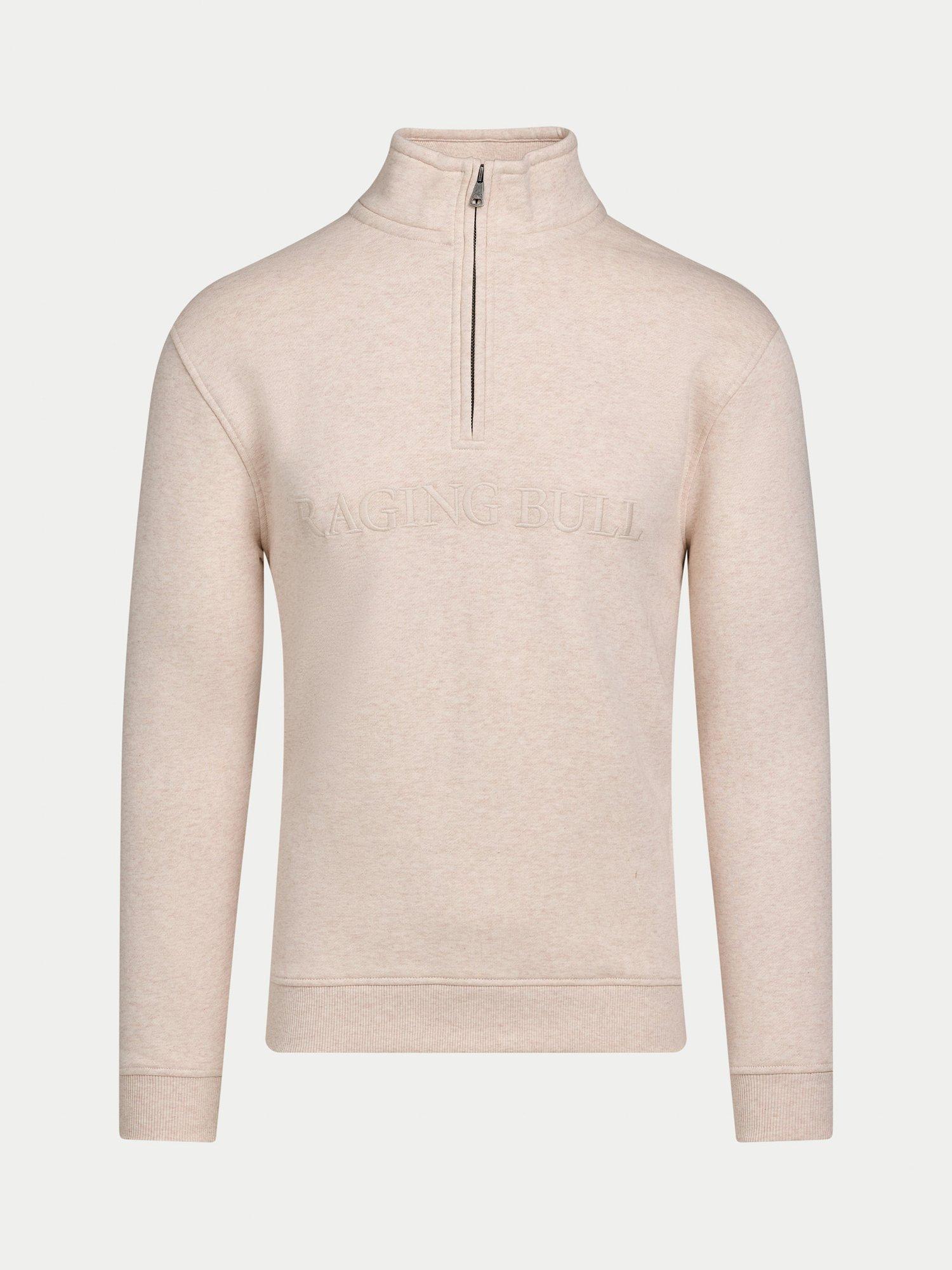 Product image 2 of 6, which shows Raging Bull Tonal Embroidered Quarter Zip Jumper, Ecru Marl, S