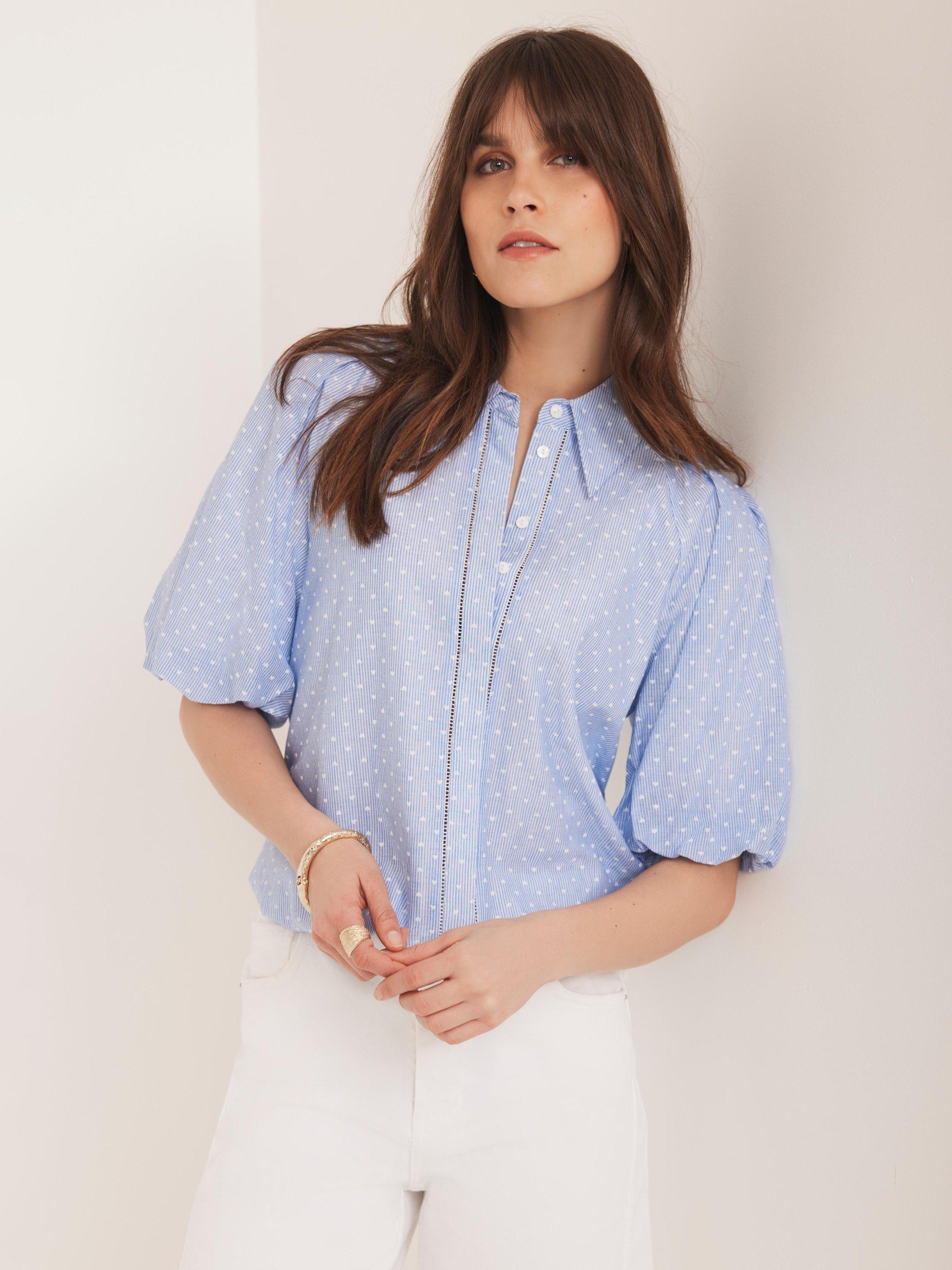 Product image 1 of 7, which shows Mint Velvet Stripe Heart Puff Sleeve Shirt, Blue/Multi, XS