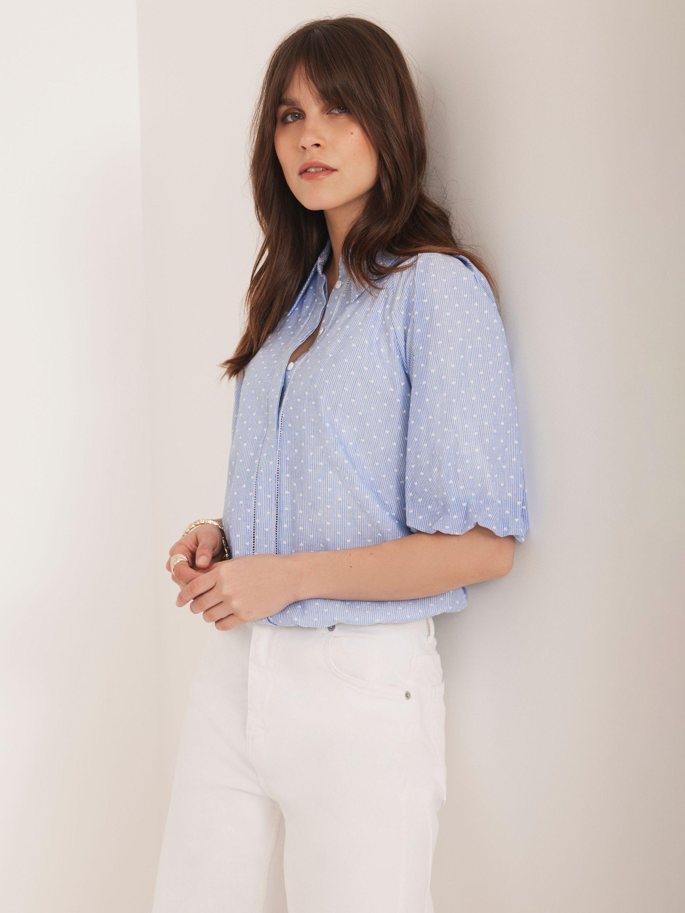 Product image 2 of 7, which shows Mint Velvet Stripe Heart Puff Sleeve Shirt, Blue/Multi, XS
