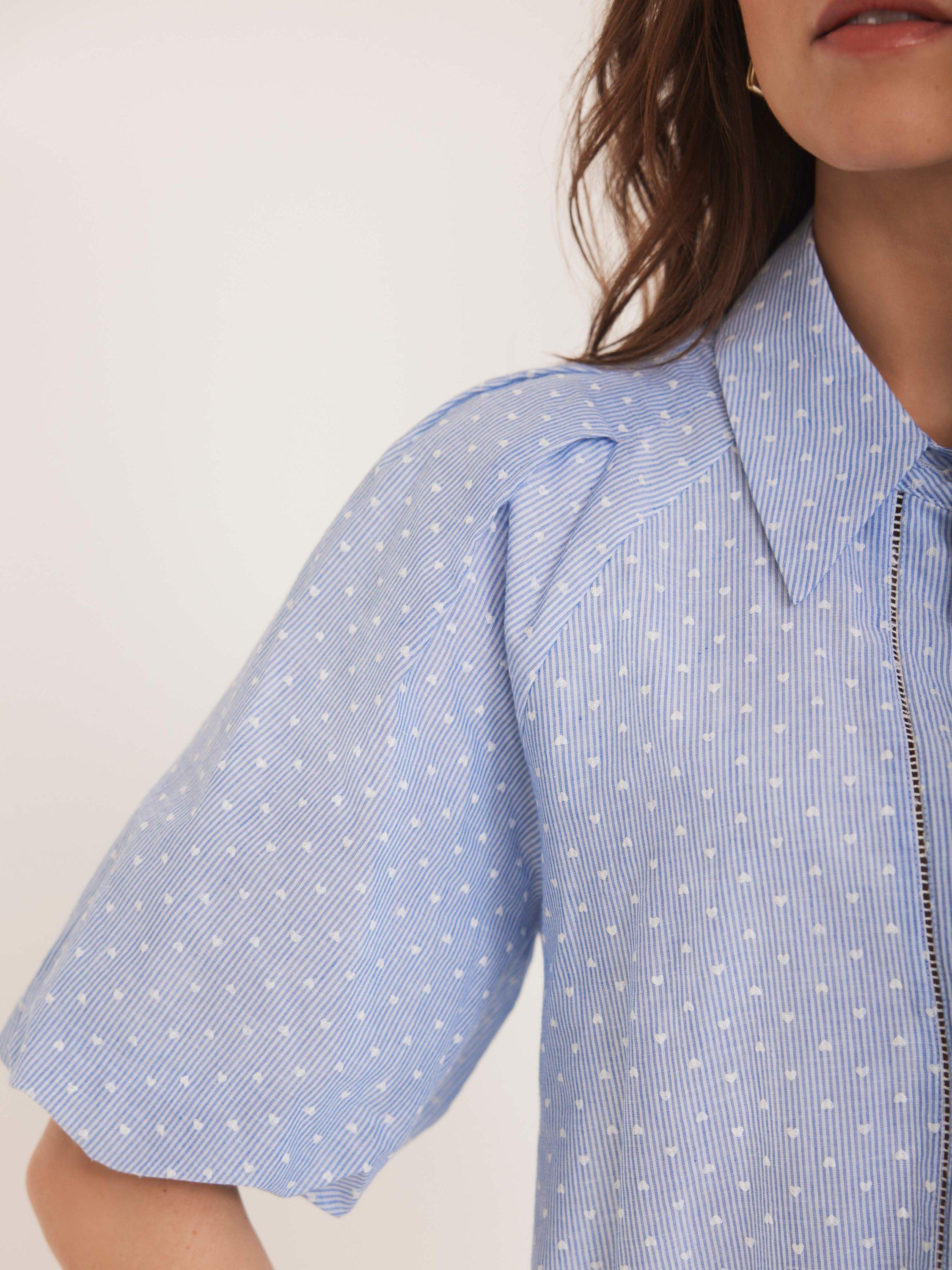Product image 3 of 7, which shows Mint Velvet Stripe Heart Puff Sleeve Shirt, Blue/Multi, XS
