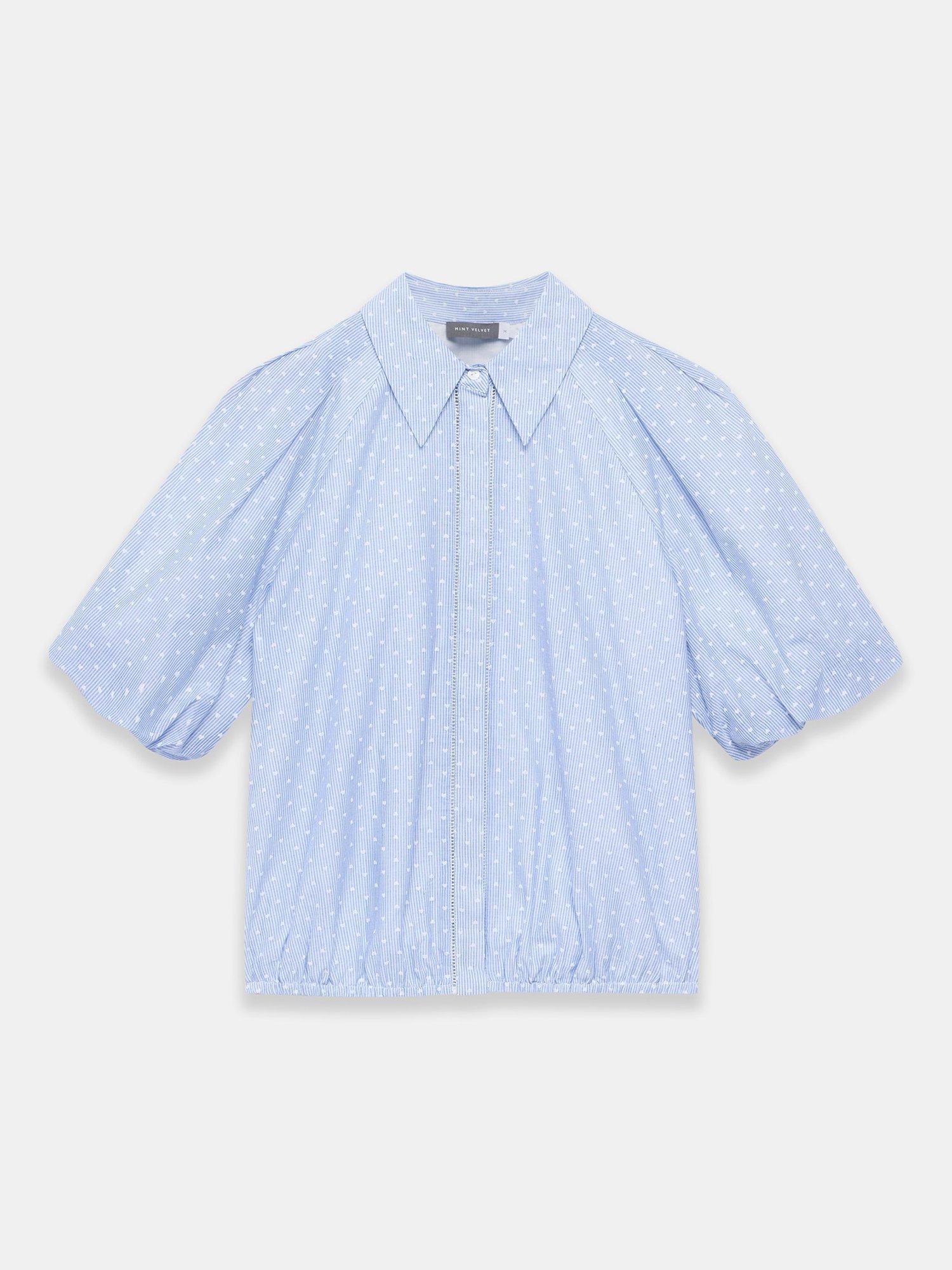Product image 6 of 7, which shows Mint Velvet Stripe Heart Puff Sleeve Shirt, Blue/Multi, XS