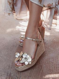 Moda in Pelle Mistee Metallic Leather Flower Wedge Sandals, Champagne - view 2, Champagne
