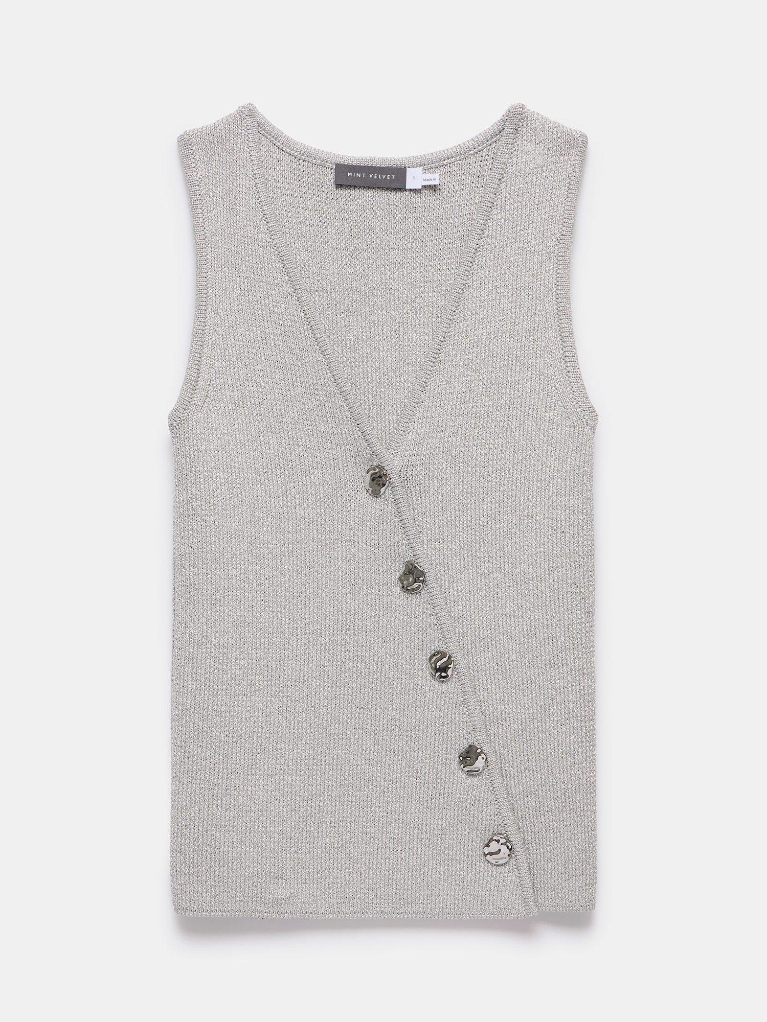Product image 6 of 7, which shows Mint Velvet Asymmetric Button Knit Waistcoat, Silver, XS