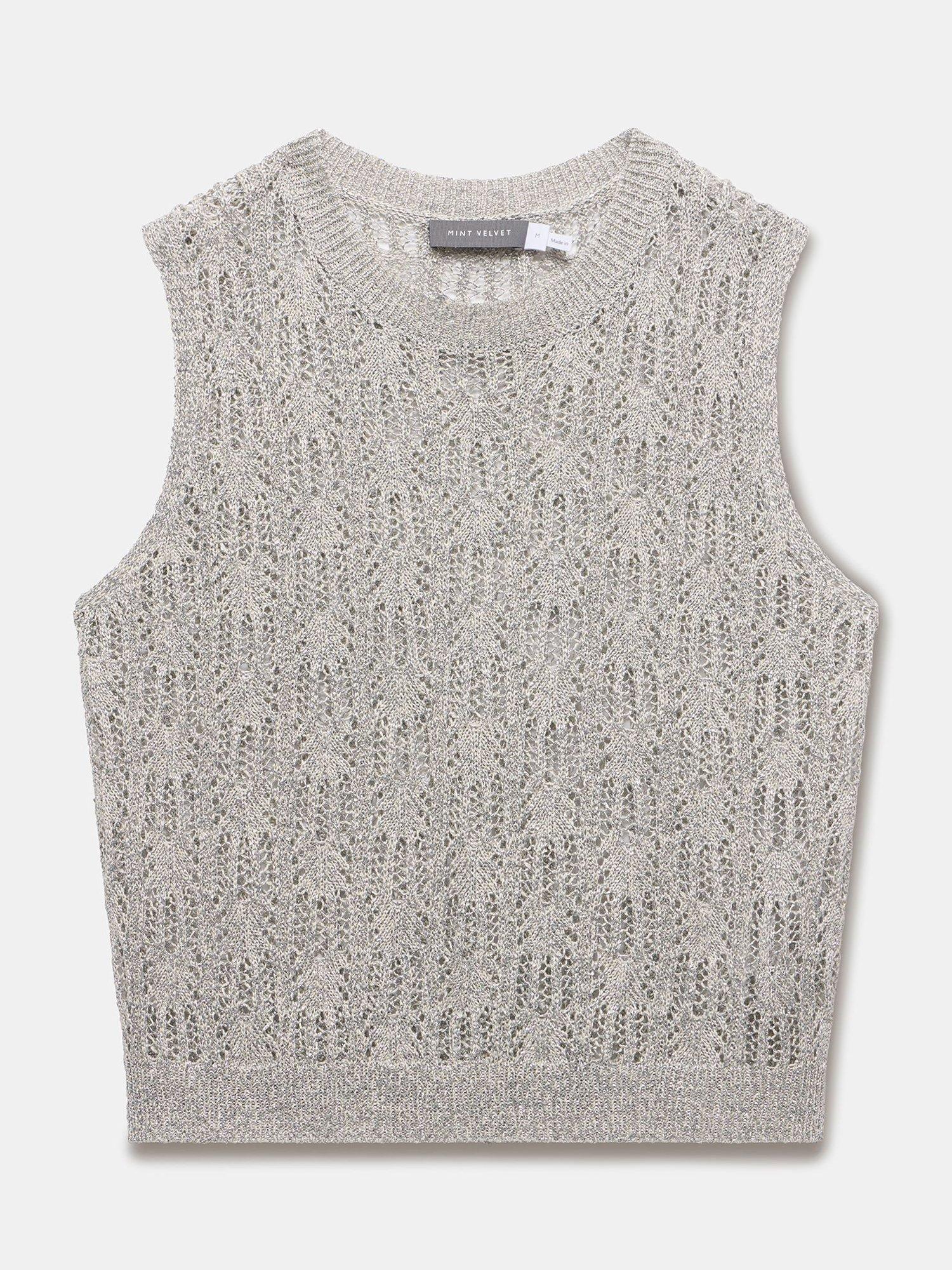 Product image 7 of 8, which shows Mint Velvet Metallic Open Knit Tank Top, Silver, S