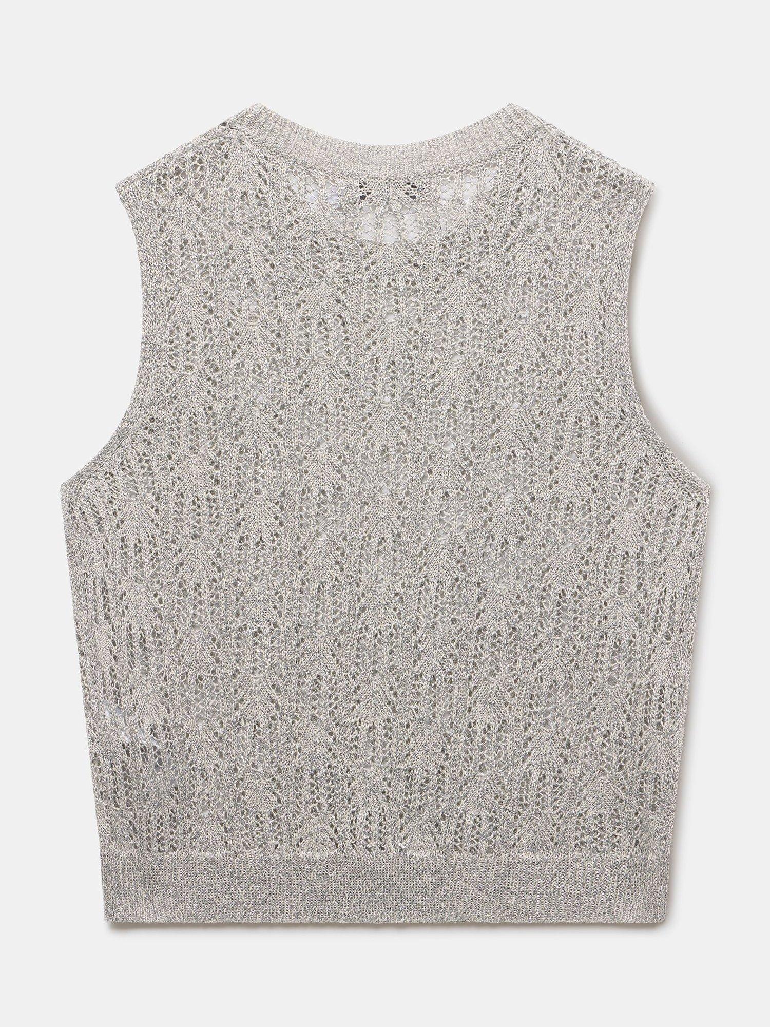 Product image 8 of 8, which shows Mint Velvet Metallic Open Knit Tank Top, Silver, S