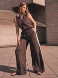 Mint Velvet Side Stripe Faux Suede Wide Leg Trousers, Brown/Multi