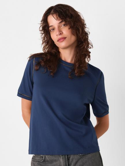 Whistles Broderie Trim Detail T-Shirt, Navy, Navy