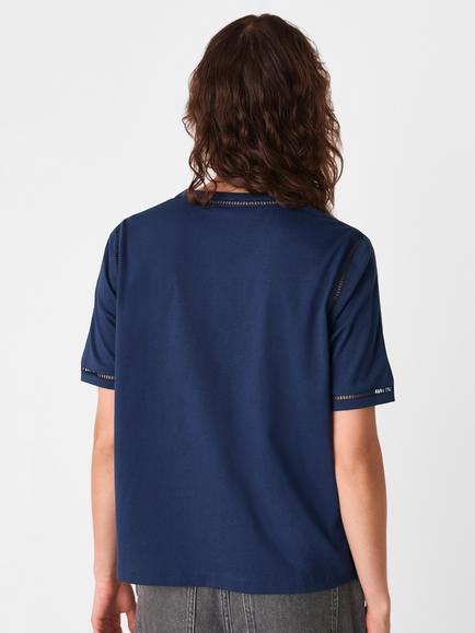 Whistles Broderie Trim Detail T-Shirt, Navy - view 2, Navy