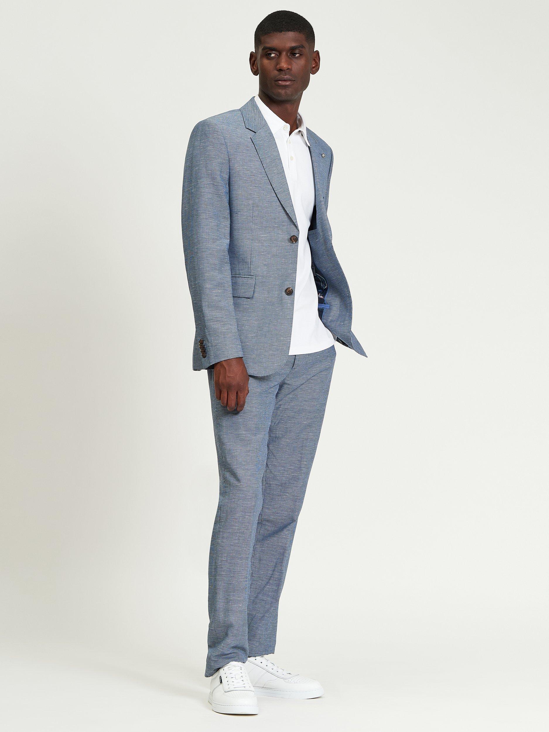 Product image 1 of 5, which shows Ben Sherman Linen Blend Puppytooth Trousers, Blue, 30R