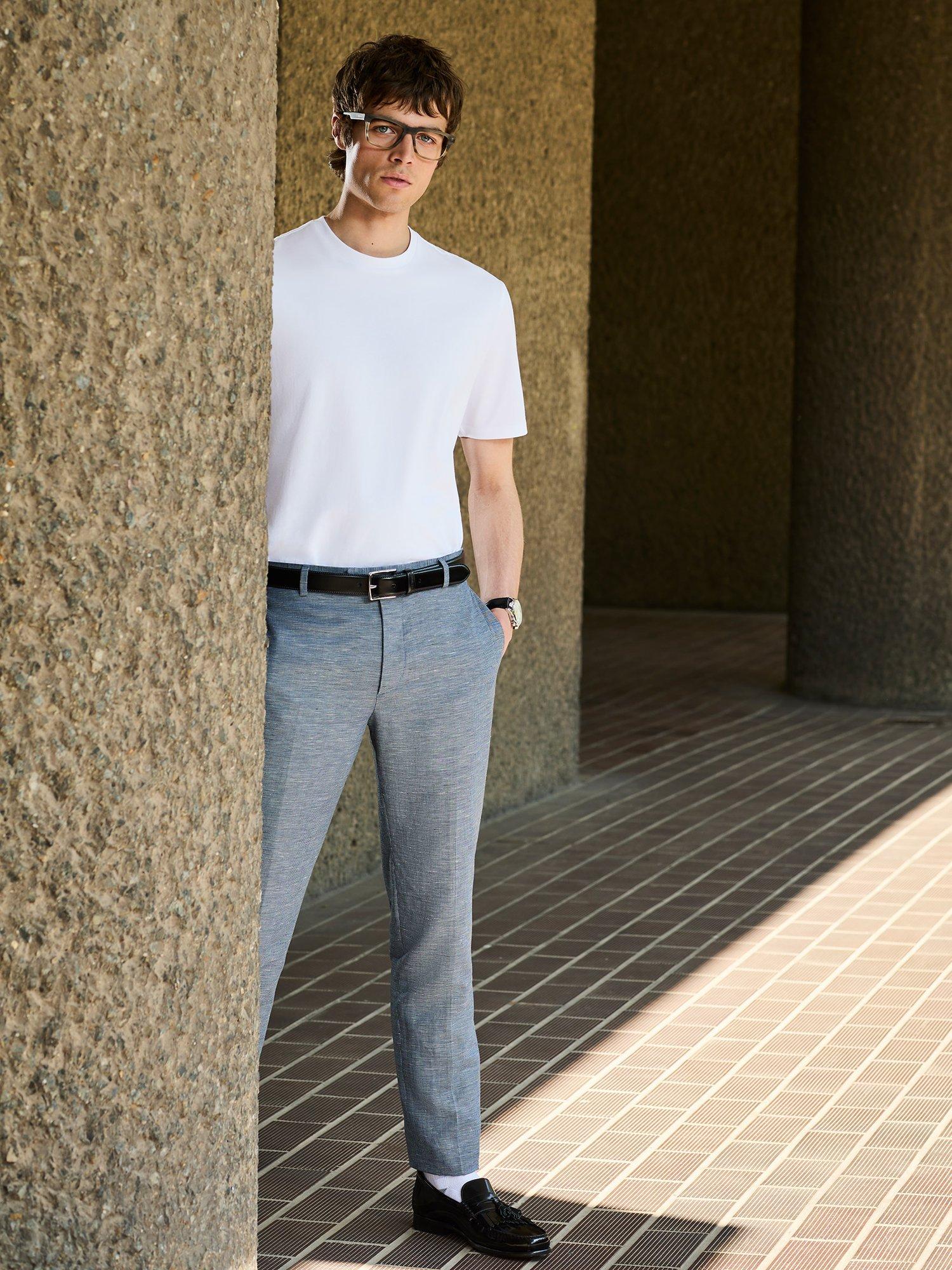 Product image 2 of 5, which shows Ben Sherman Linen Blend Puppytooth Trousers, Blue, 30R