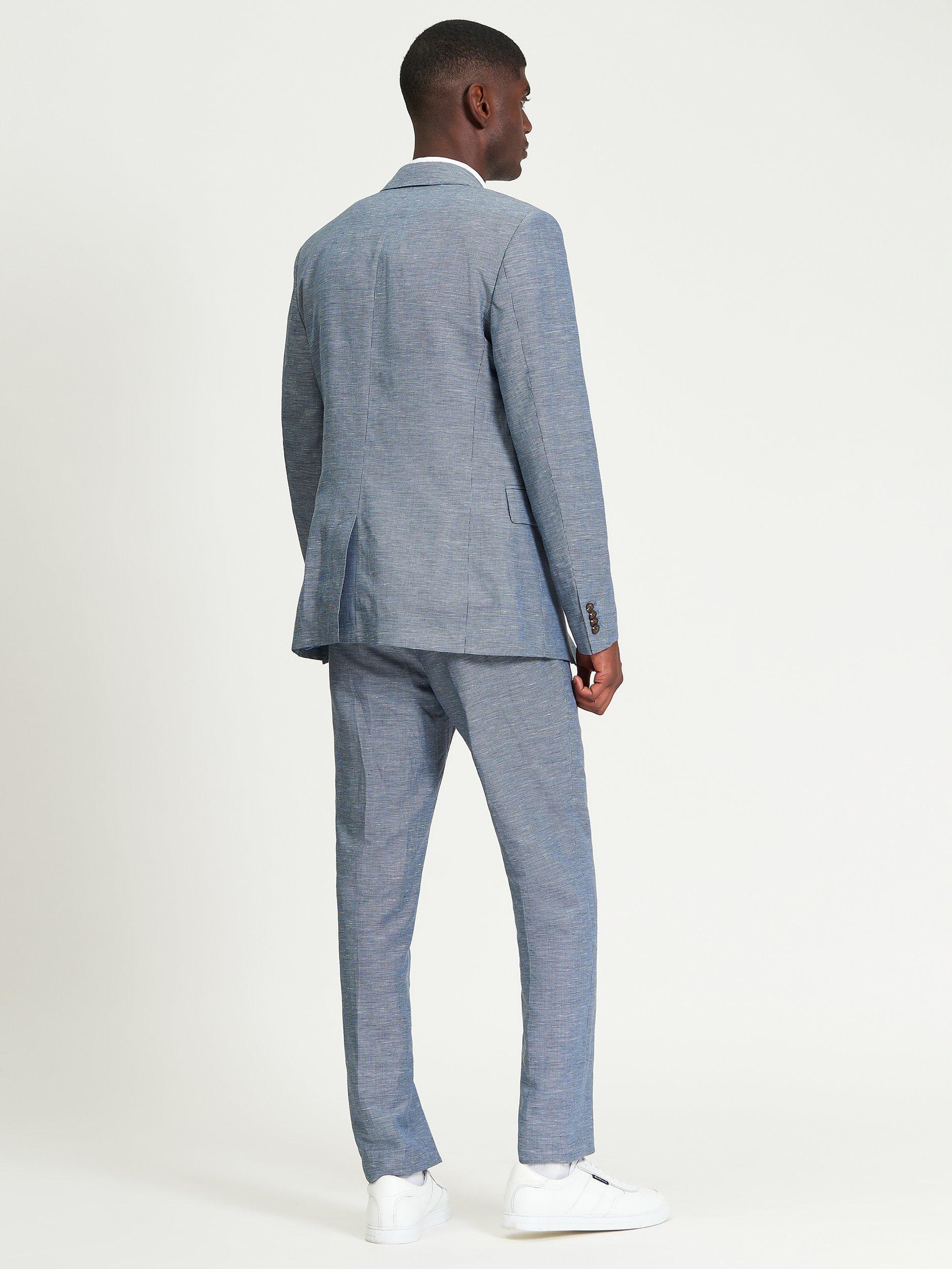 Product image 3 of 5, which shows Ben Sherman Linen Blend Puppytooth Trousers, Blue, 30R
