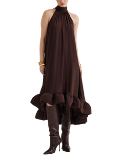 Malina Sabrina Open Back Ruffle Midi Dress, Chocolate, Chocolate