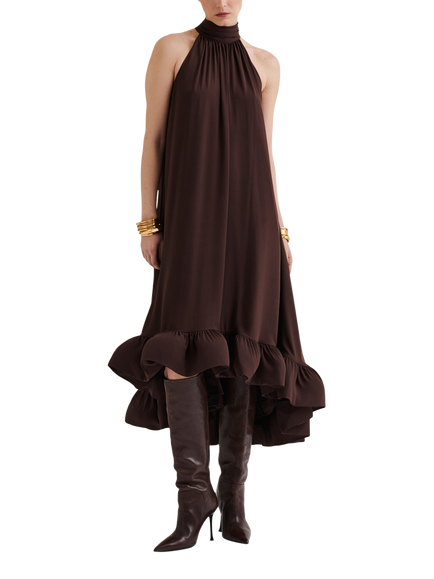 Malina Sabrina Open Back Ruffle Midi Dress, Chocolate