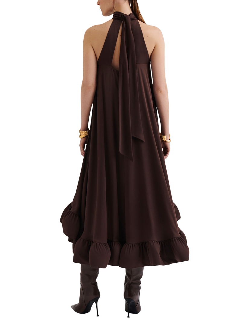 Product image 2 of 4, which shows Malina Sabrina Open Back Ruffle Midi Dress, Chocolate, XS
