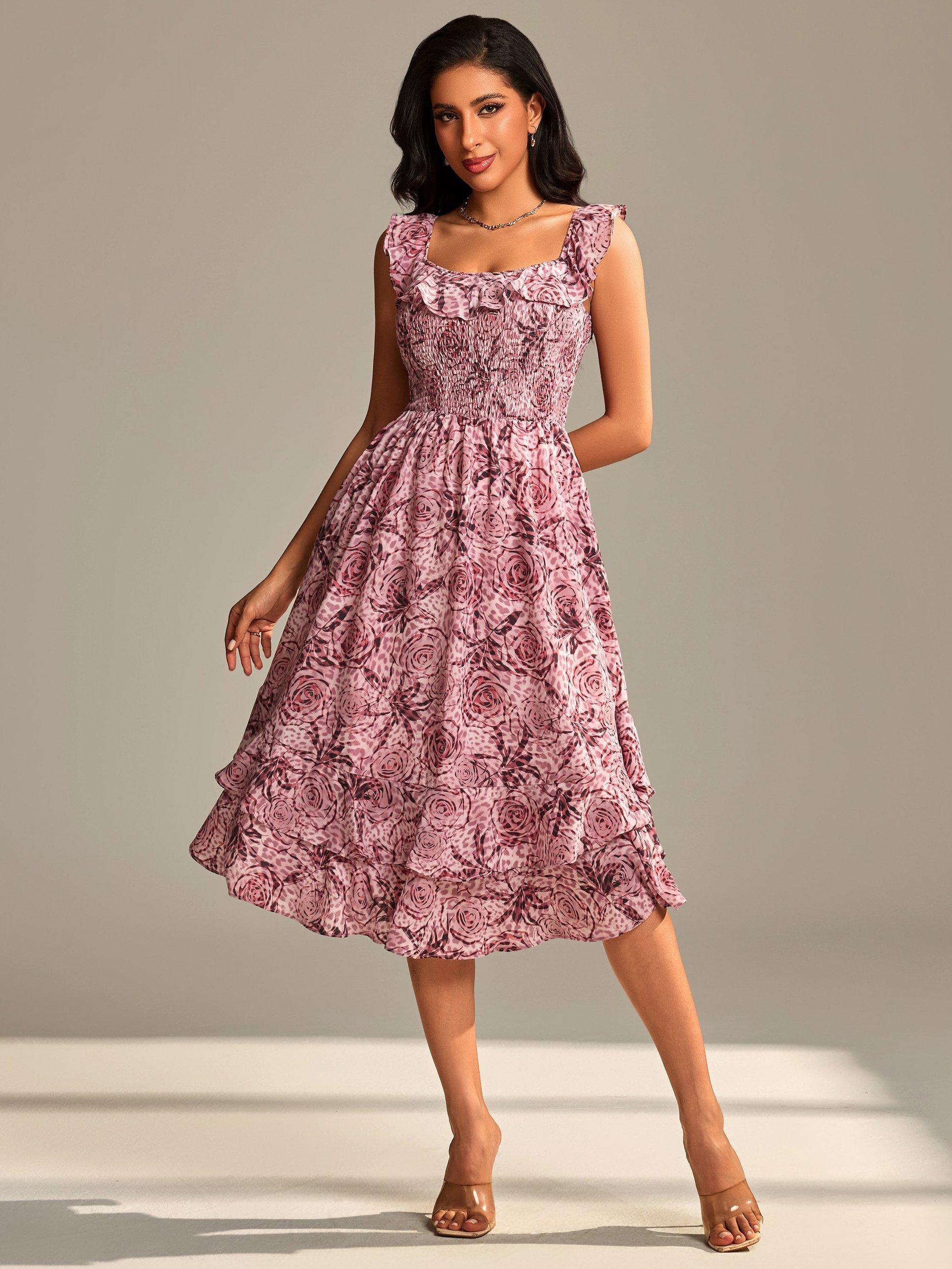 Product image 1 of 6, which shows Jolie Moi Floral Print Midi Dress, Pink Abstract, 8