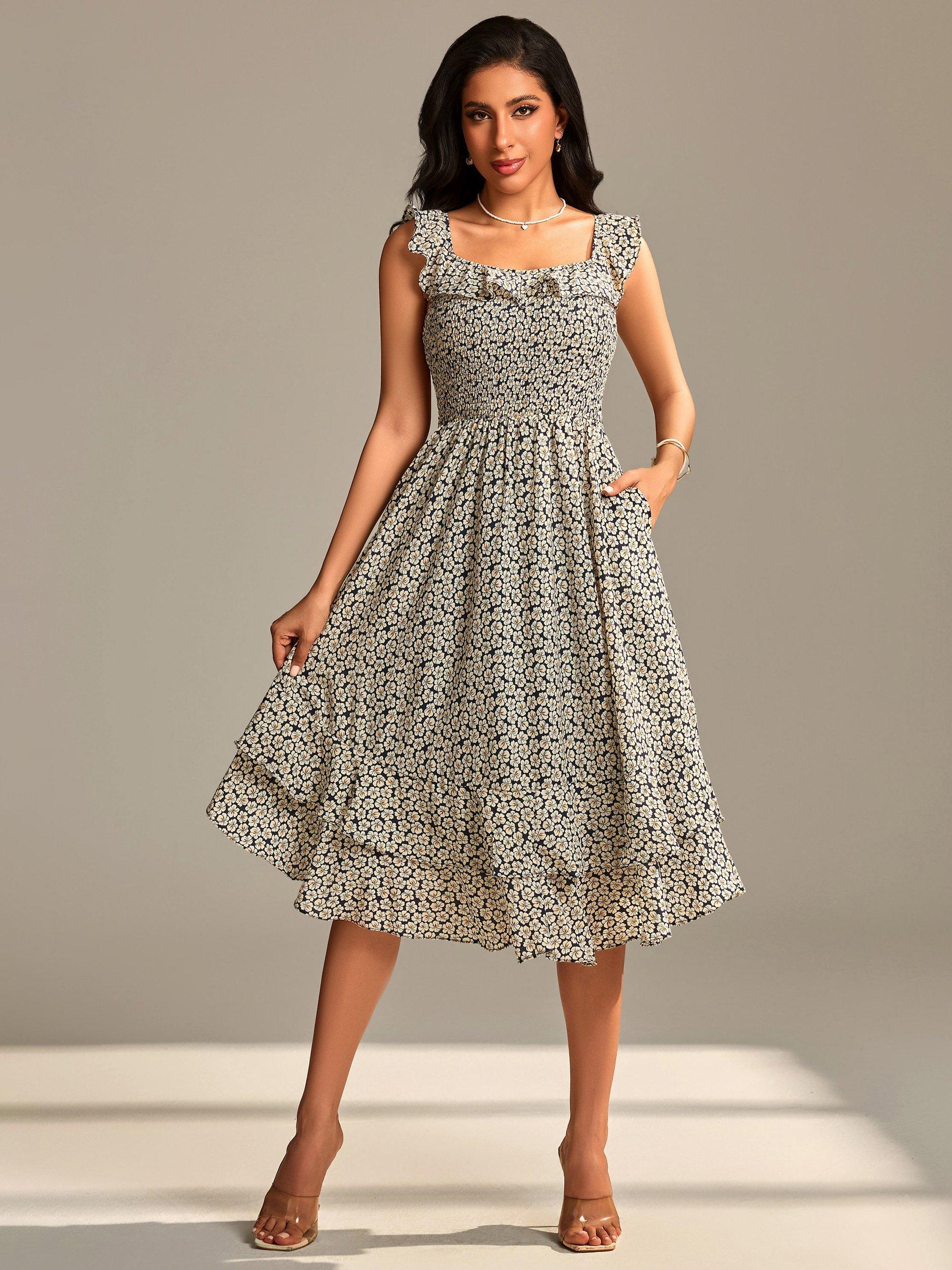Product image 1 of 6, which shows Jolie Moi Floral Print Midi Dress, Navy Floral, 12