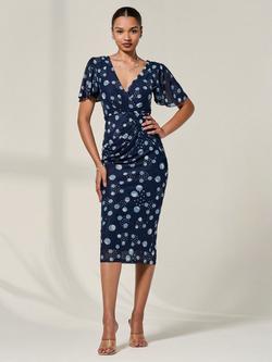 Jolie Moi Mesh Polka Dot Flare Midi Dress, Navy, Navy