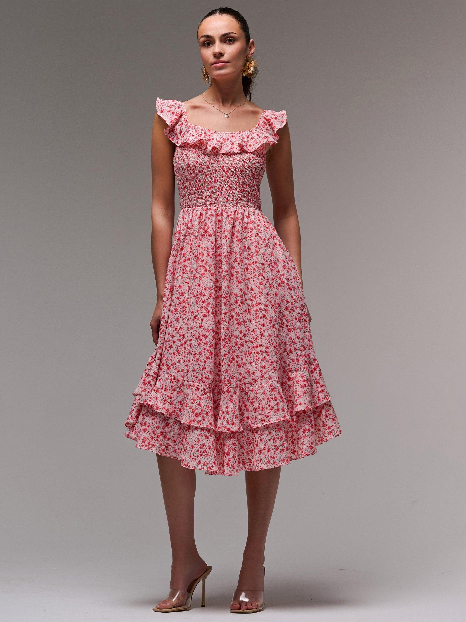 Product image 1 of 6, which shows Jolie Moi Floral Print Midi Dress, Red Floral, 8