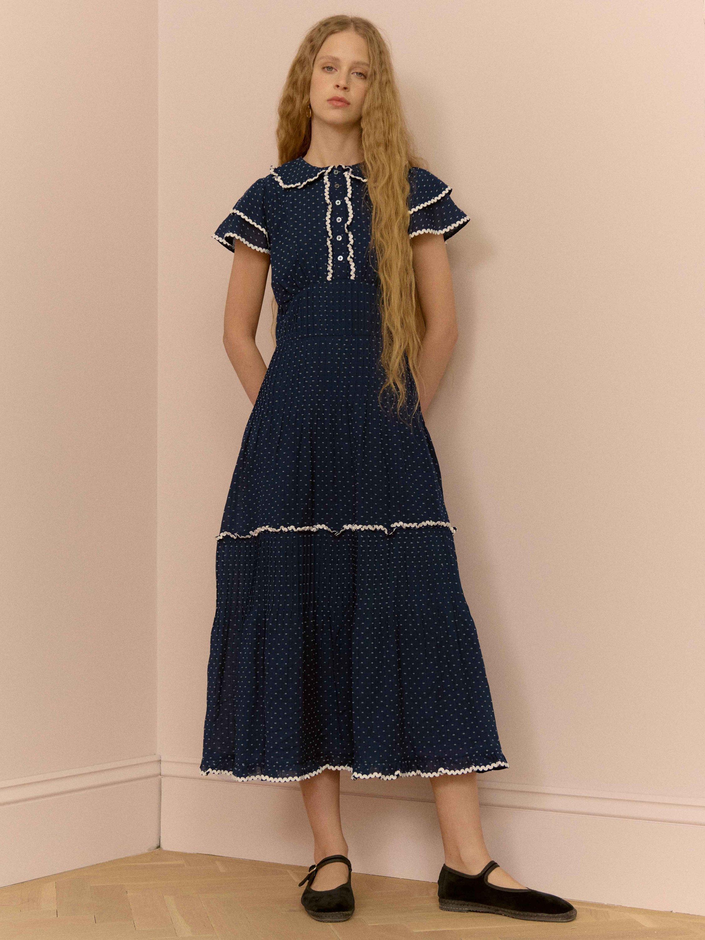 Brora The Dobby Ric Rac Trim Midi Dress, Navy/White