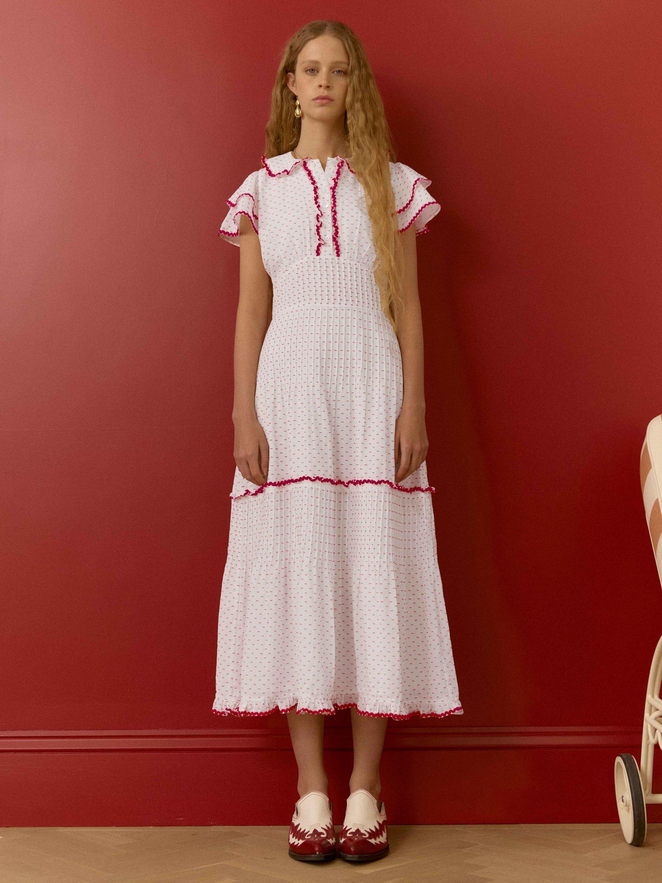 Brora The Dobby Ric Rac Trim Midi Dress, White/Scarlet