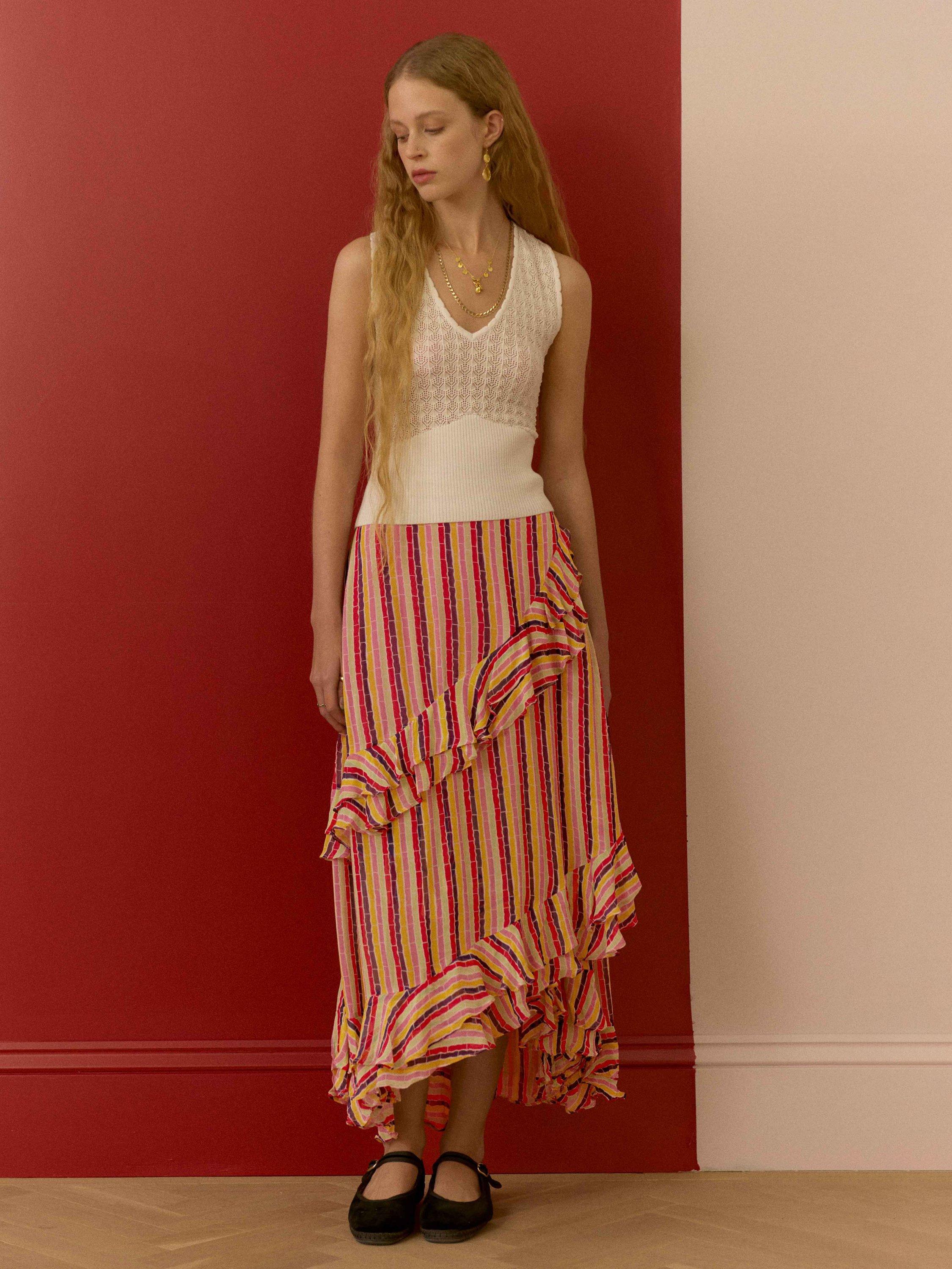 Brora The Broken Stripe Ruffle Maxi Skirt, Multi