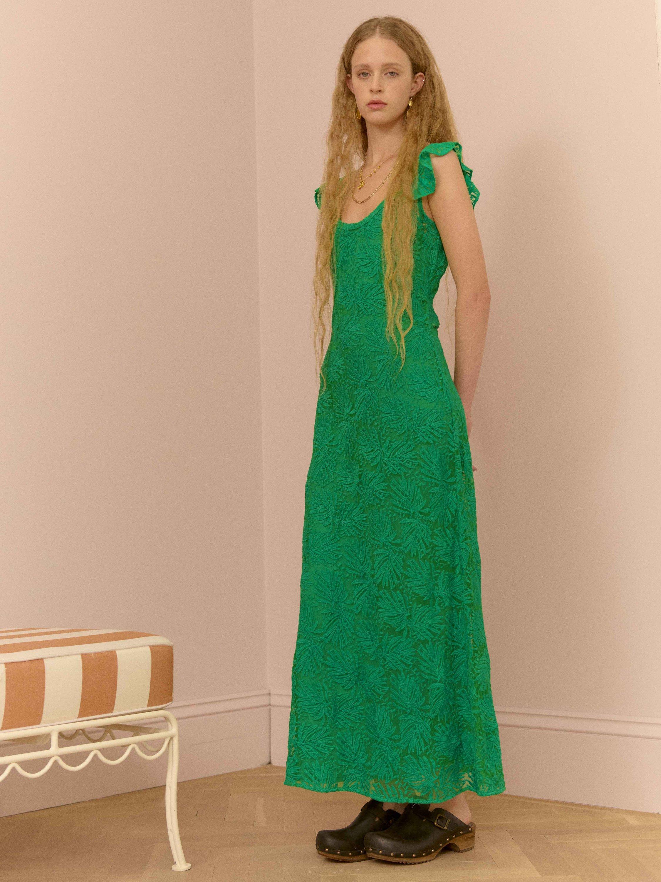 Brora The Embroidered Tulle Maxi Dress, Emerald