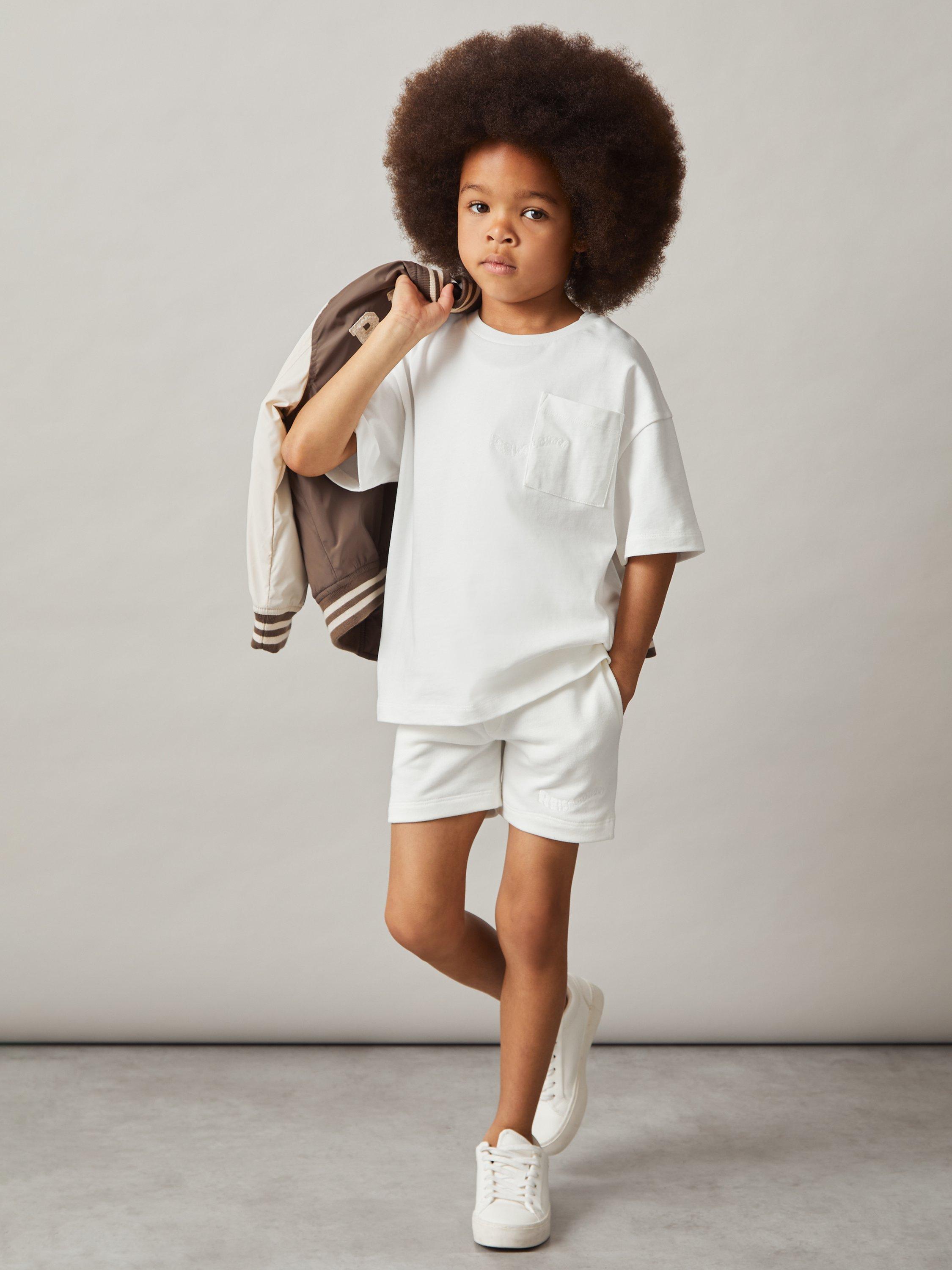 Product image 1 of 5, which shows Reiss Perry Cotton London Palm Washed Shorts, Off White, 3-4 years