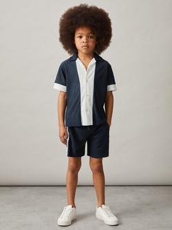 Reiss Tino Colourblock Plisse Textured Shorts, Navy/White