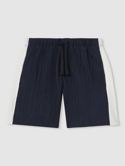 Reiss Tino Colourblock Plisse Textured Shorts - view 2, Navy/White