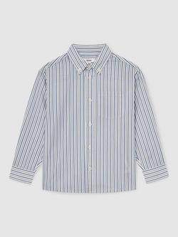Reiss Kids' Aplin Cotton Long Sleeved Striped Shirt, Blue/White, Blue/White