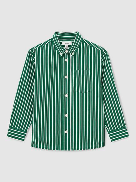 Reiss Kids' Aplin Cotton Long Sleeved Striped Shirt, Green/White, Green/White