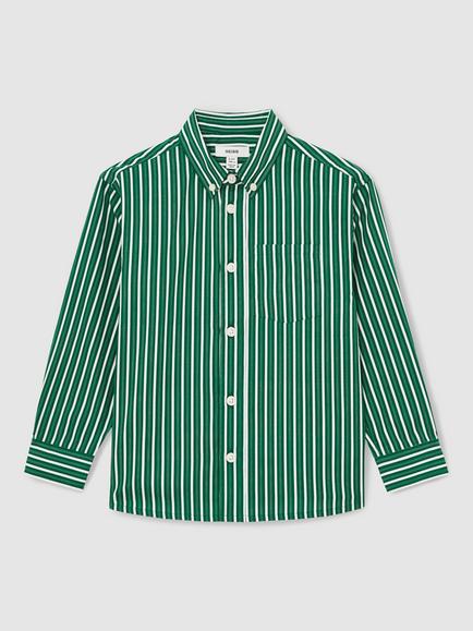 Reiss Kids' Aplin Cotton Long Sleeved Striped Shirt, Green/White - view 2, Green/White