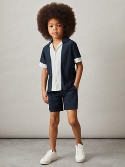 Reiss Kids' Armen Cuban Plisse Texture Short Sleeve Shirt, Navy/White