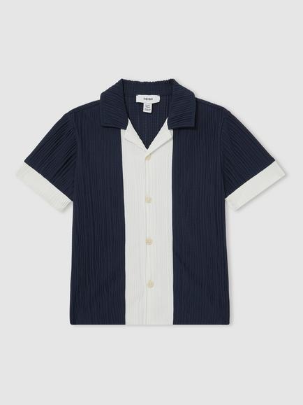 Reiss Kids' Armen Cuban Plisse Texture Short Sleeve Shirt - view 2, Navy/White