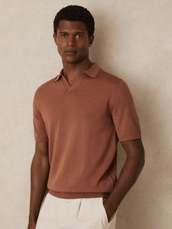 Reiss Duchie Short Sleeve Open Collar Merino Wool Polo Shirt, Navy, Mid Brown