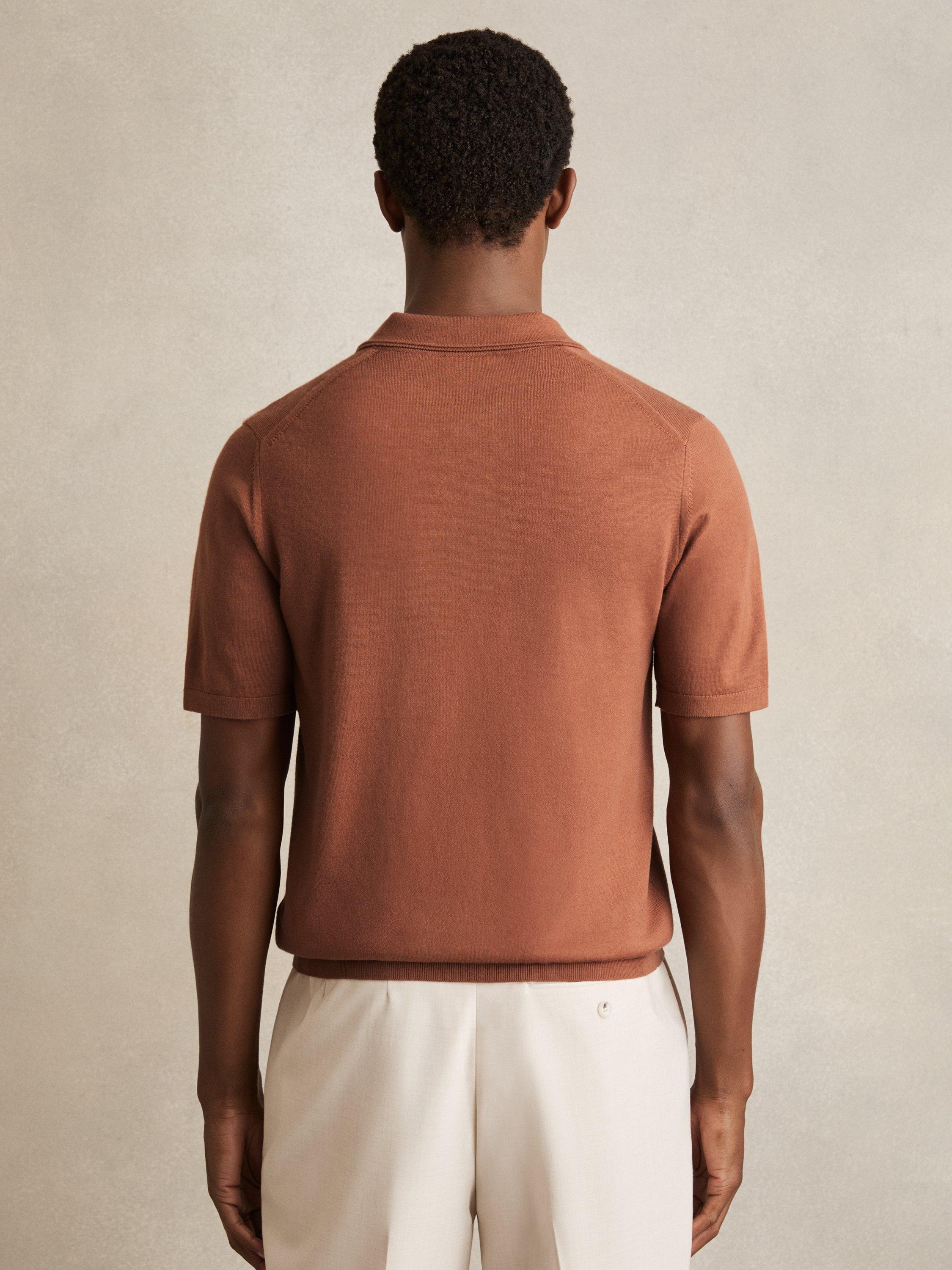 Product image 2 of 5, which shows Reiss Duchie Short Sleeve Open Collar Merino Wool Polo Shirt, Mid Brown, XS