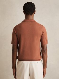 Reiss Duchie Short Sleeve Open Collar Merino Wool Polo Shirt, Navy - view 2, Mid Brown