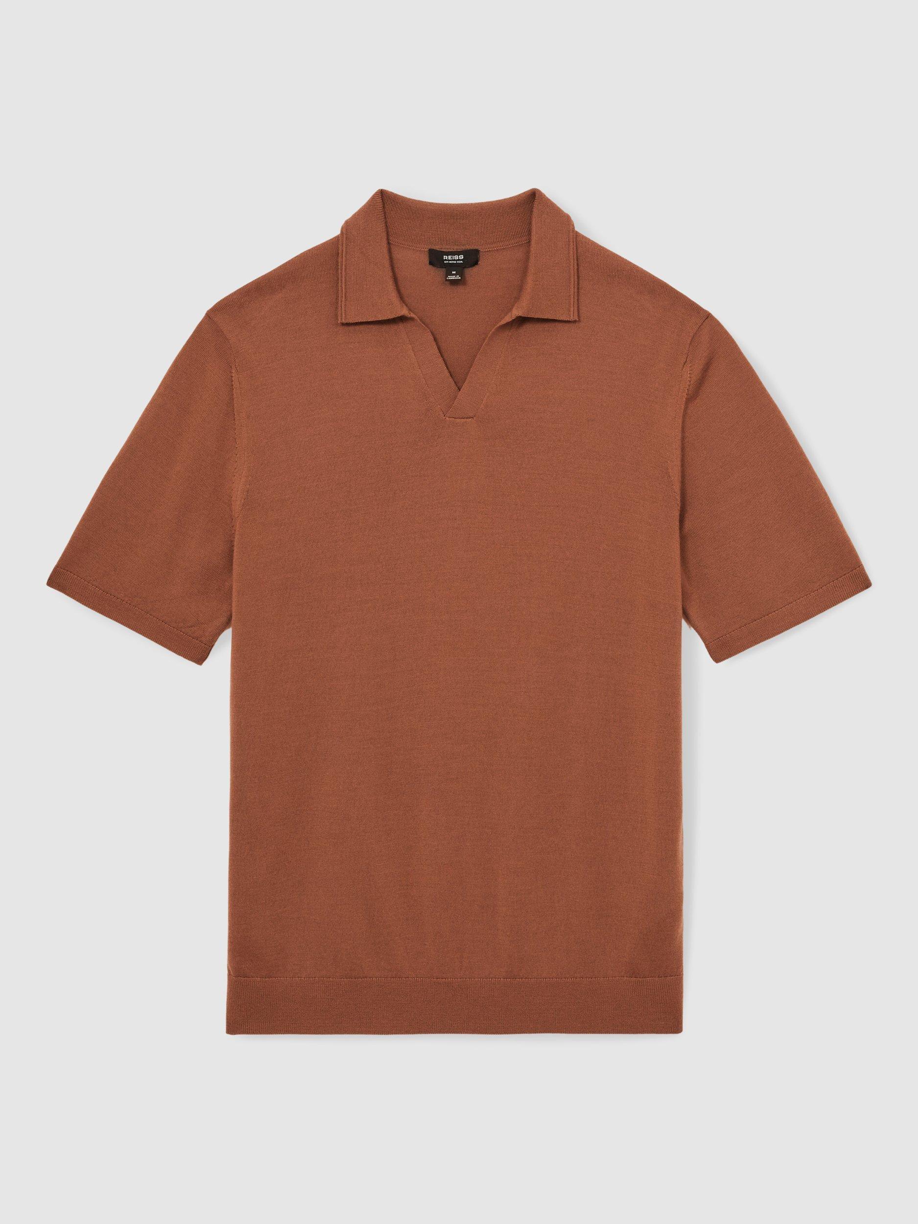 Product image 3 of 5, which shows Reiss Duchie Short Sleeve Open Collar Merino Wool Polo Shirt, Mid Brown, XS