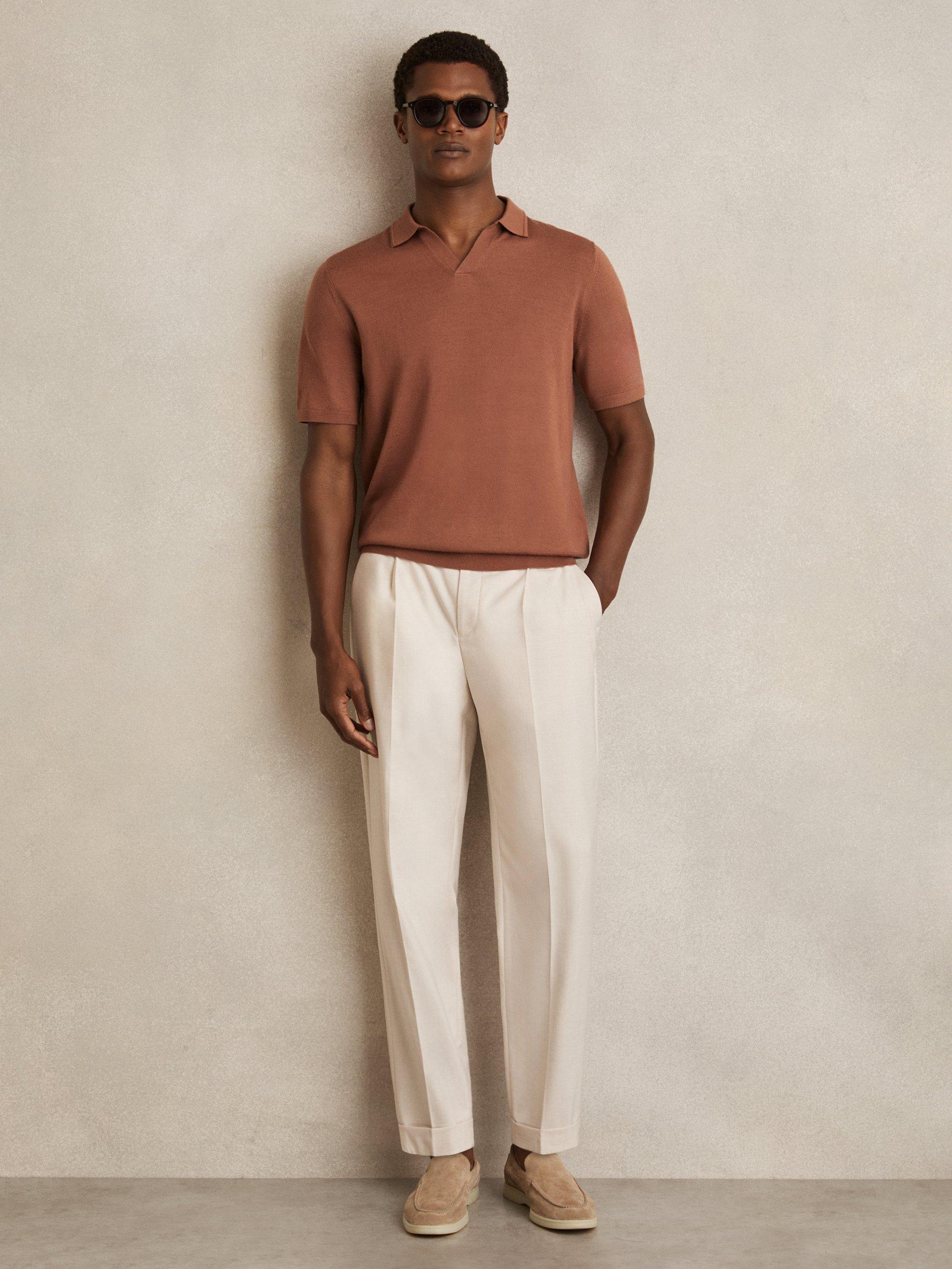 Product image 4 of 5, which shows Reiss Duchie Short Sleeve Open Collar Merino Wool Polo Shirt, Mid Brown, XS