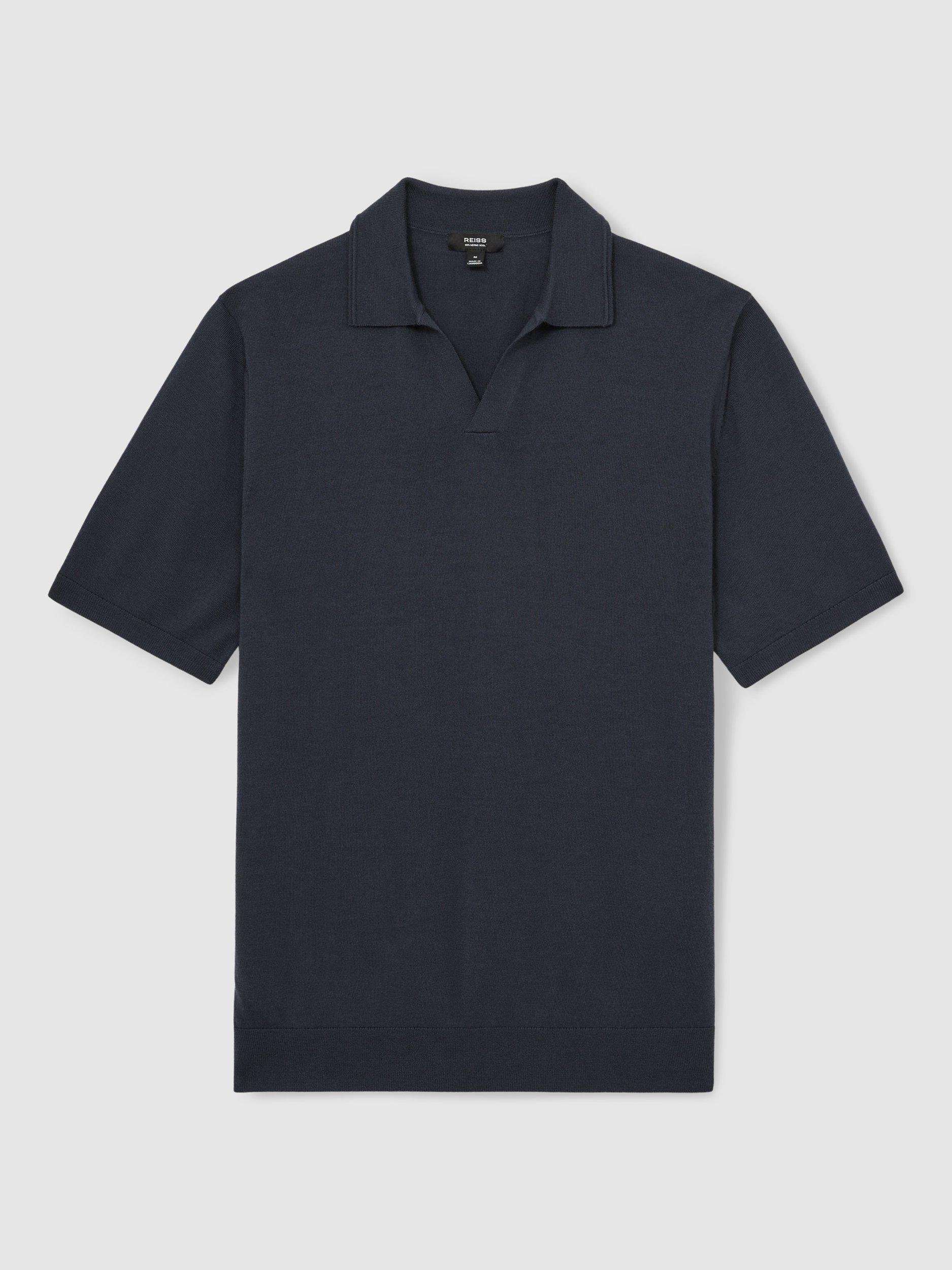 Product image 3 of 5, which shows Reiss Duchie Short Sleeve Open Collar Merino Wool Polo Shirt, Navy, XS