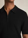 Reiss Regis Short Sleeve Half Zip Textured Polo Shirt, Black