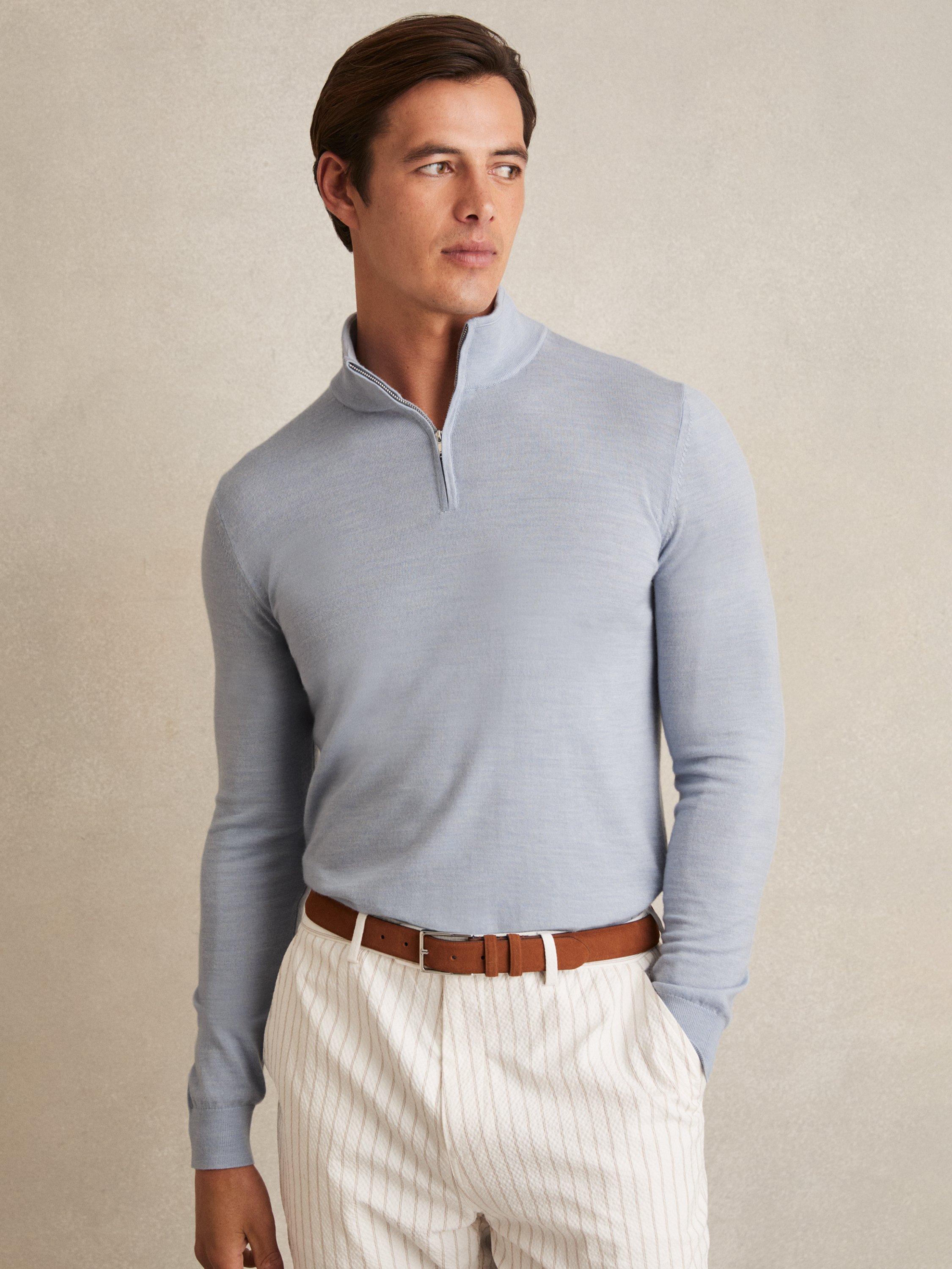 Product image 1 of 5, which shows Reiss Blackhall Merino Wool Zip-Neck Jumper, Soft Blue, XS