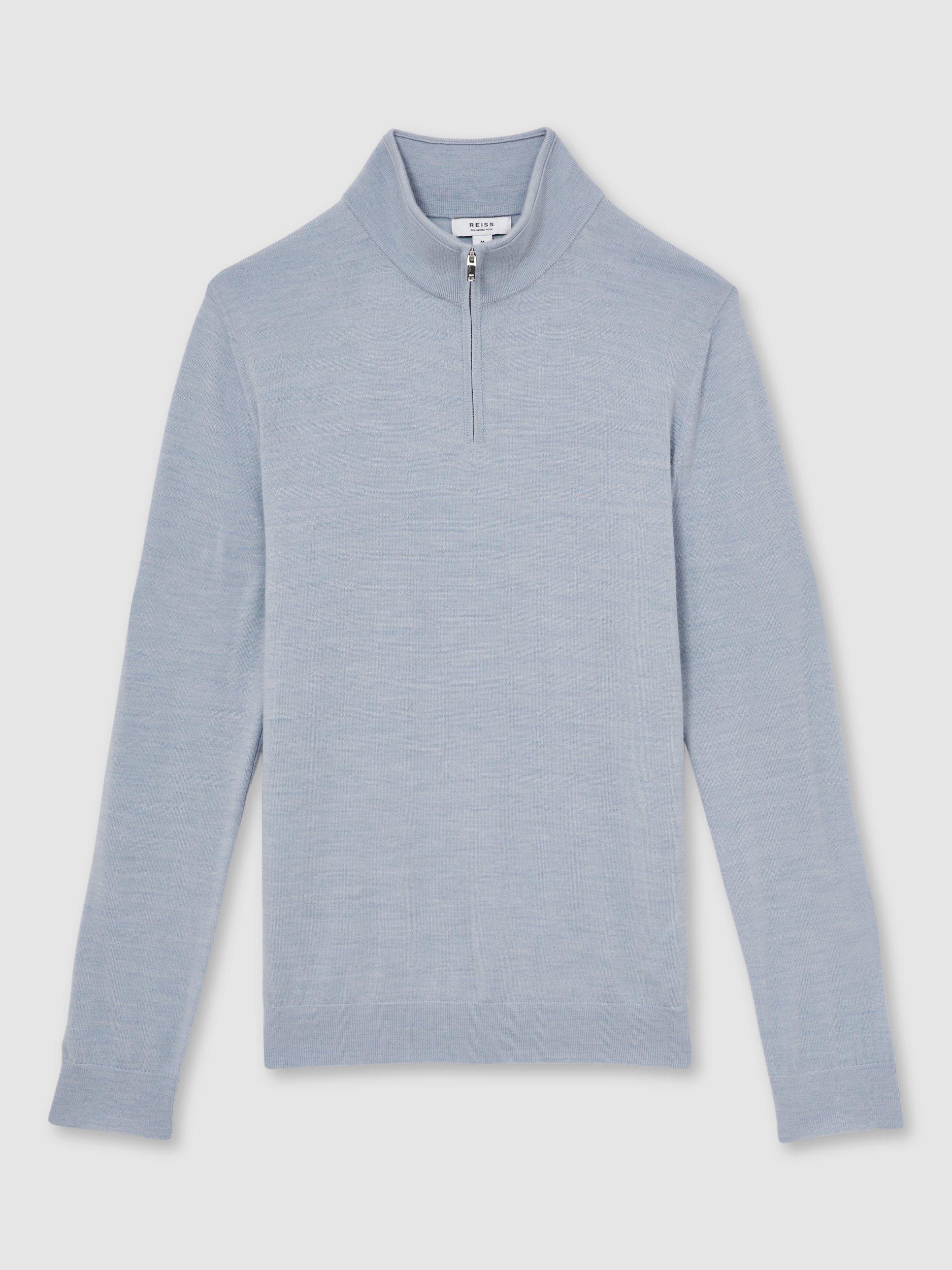 Product image 3 of 5, which shows Reiss Blackhall Merino Wool Zip-Neck Jumper, Soft Blue, XS