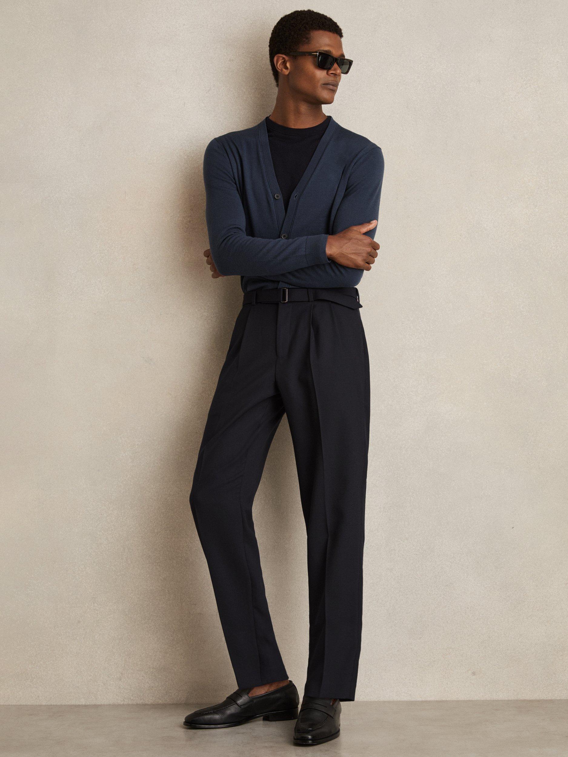 Product image 1 of 5, which shows Reiss Strap Wool Blend Tapered Trousers, Navy, 30R