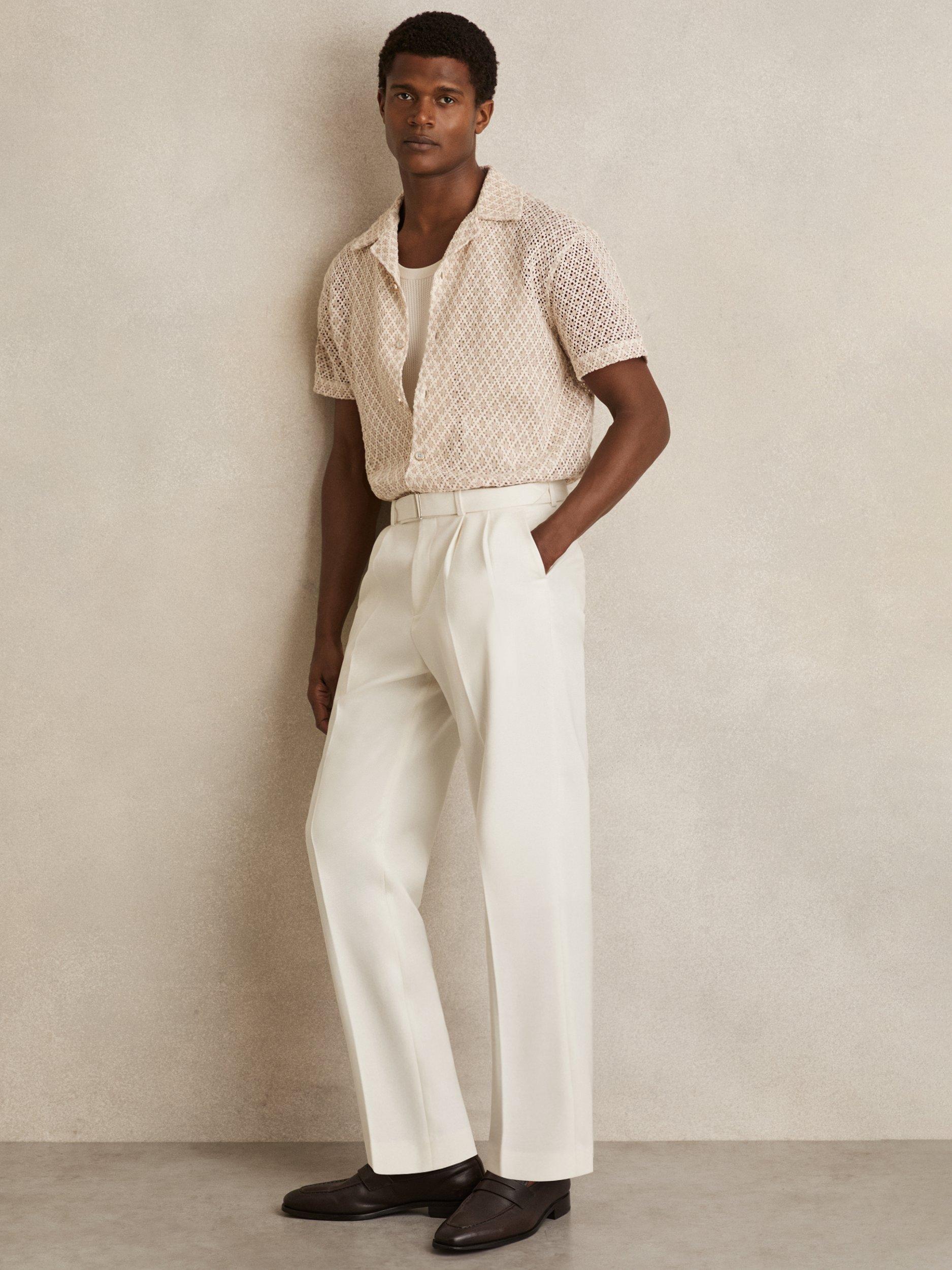 Product image 1 of 5, which shows Reiss Strap Wool Blend Tapered Trousers, White, 30R