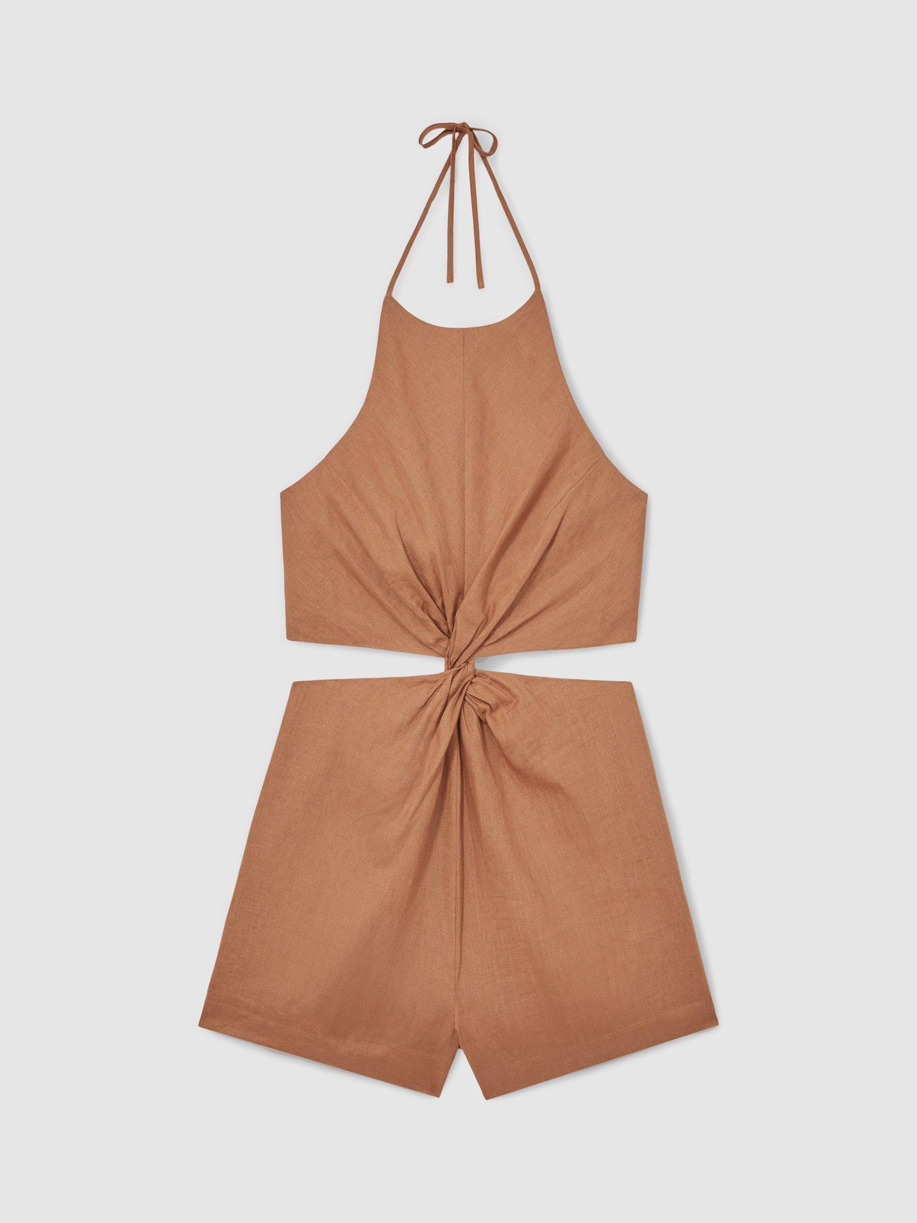Product image 3 of 5, which shows Reiss Bay Linen Twist Front Playsuit, Brown, 6