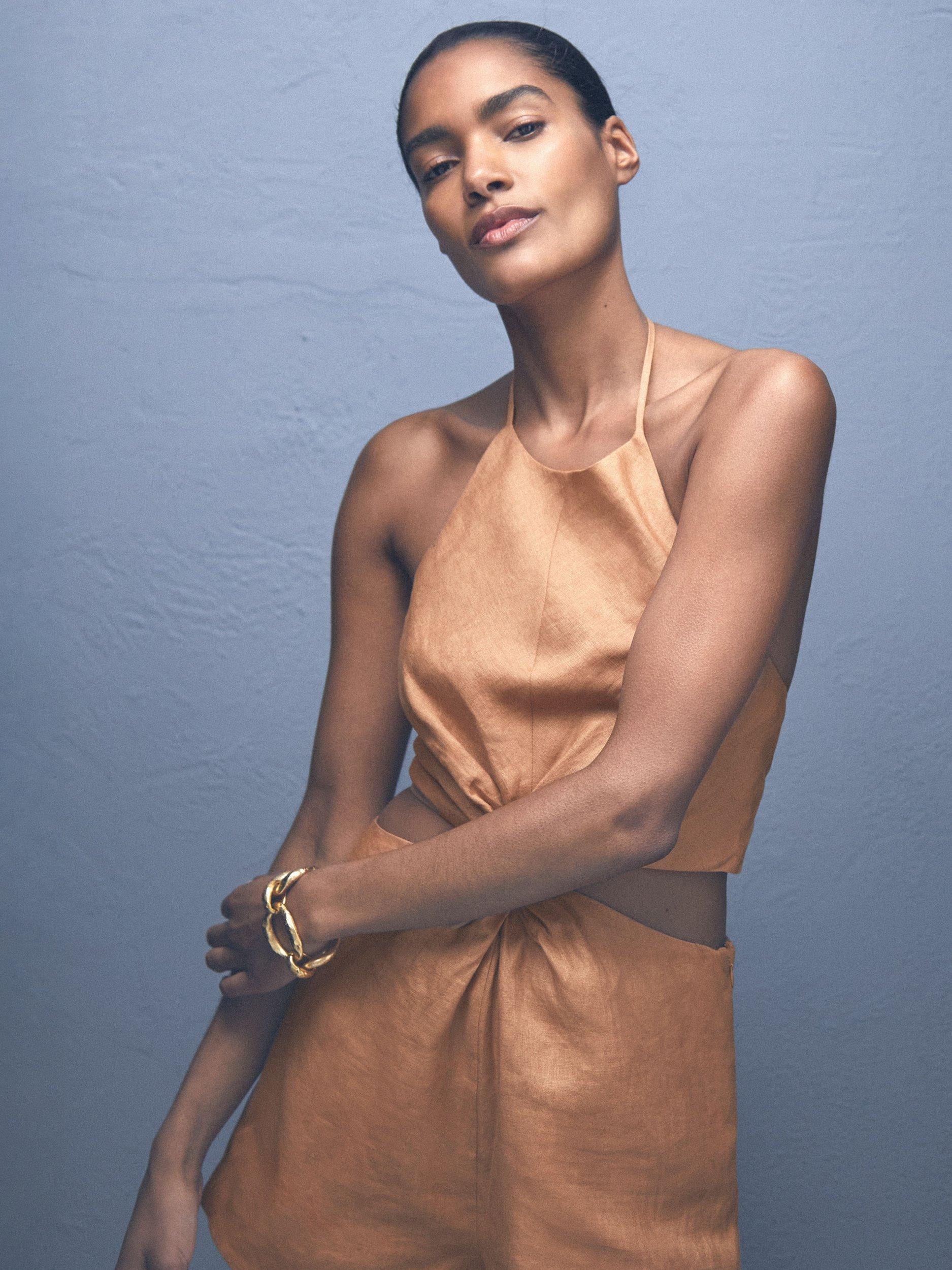 Product image 4 of 5, which shows Reiss Bay Linen Twist Front Playsuit, Brown, 6