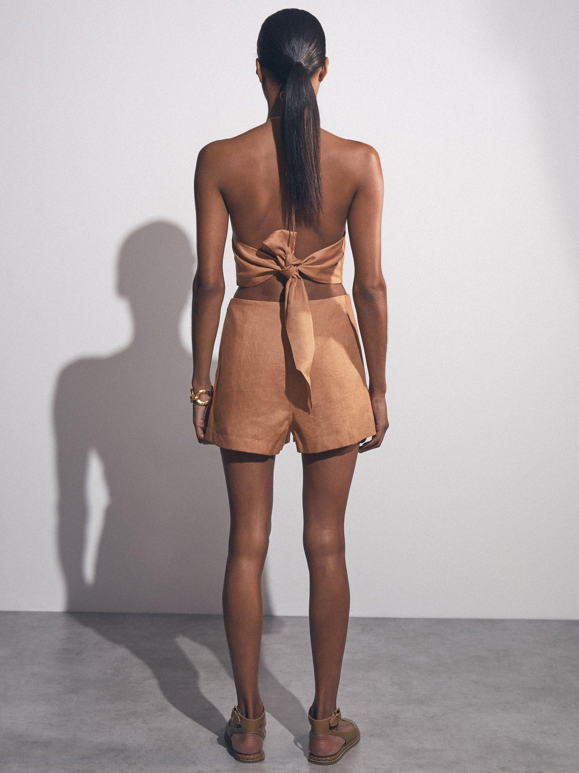 Product image 5 of 5, which shows Reiss Bay Linen Twist Front Playsuit, Brown, 6